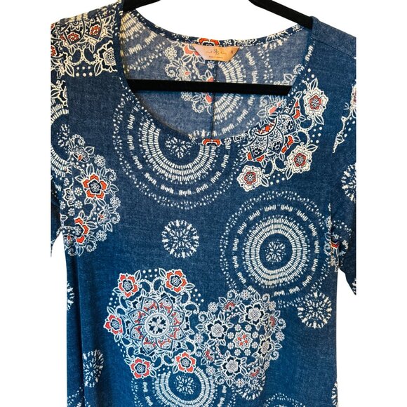 SJS Medium Blue Bohemian Print A-Line Dress Medium Polyester/Spandex - Picture 3 of 9